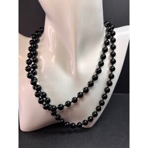 Estate Black Onyx Endless Necklace 8mm Knotted Beads 34 Inch Modern